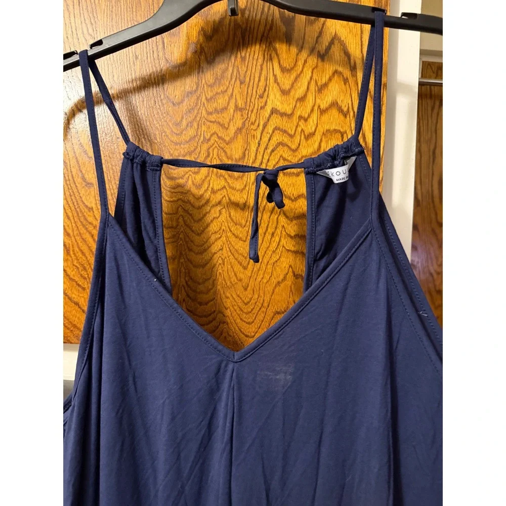 Ekouaer Womens Navy Blue V-Neck Sleeveless Nightgown Back Tie Lounge Dress Large